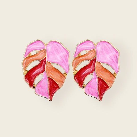 “Mila” Red Pink Bohemian Palm Tree Marble Painted Acrylic Valentine Leaf Earring - Picture 1 of 4